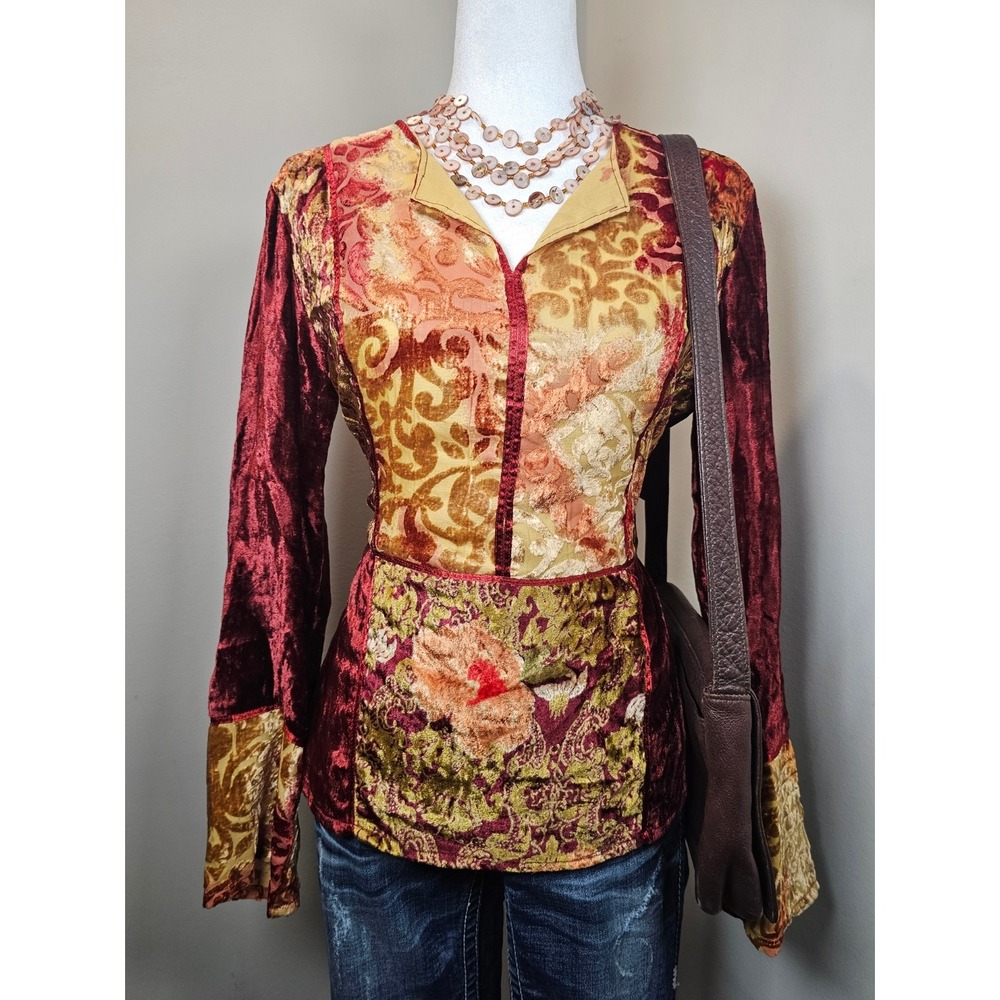 Clio Velvet Patchwork Top Burgundy Gold Bell Sleeve Fairy Grunge Whimsigoth y2k